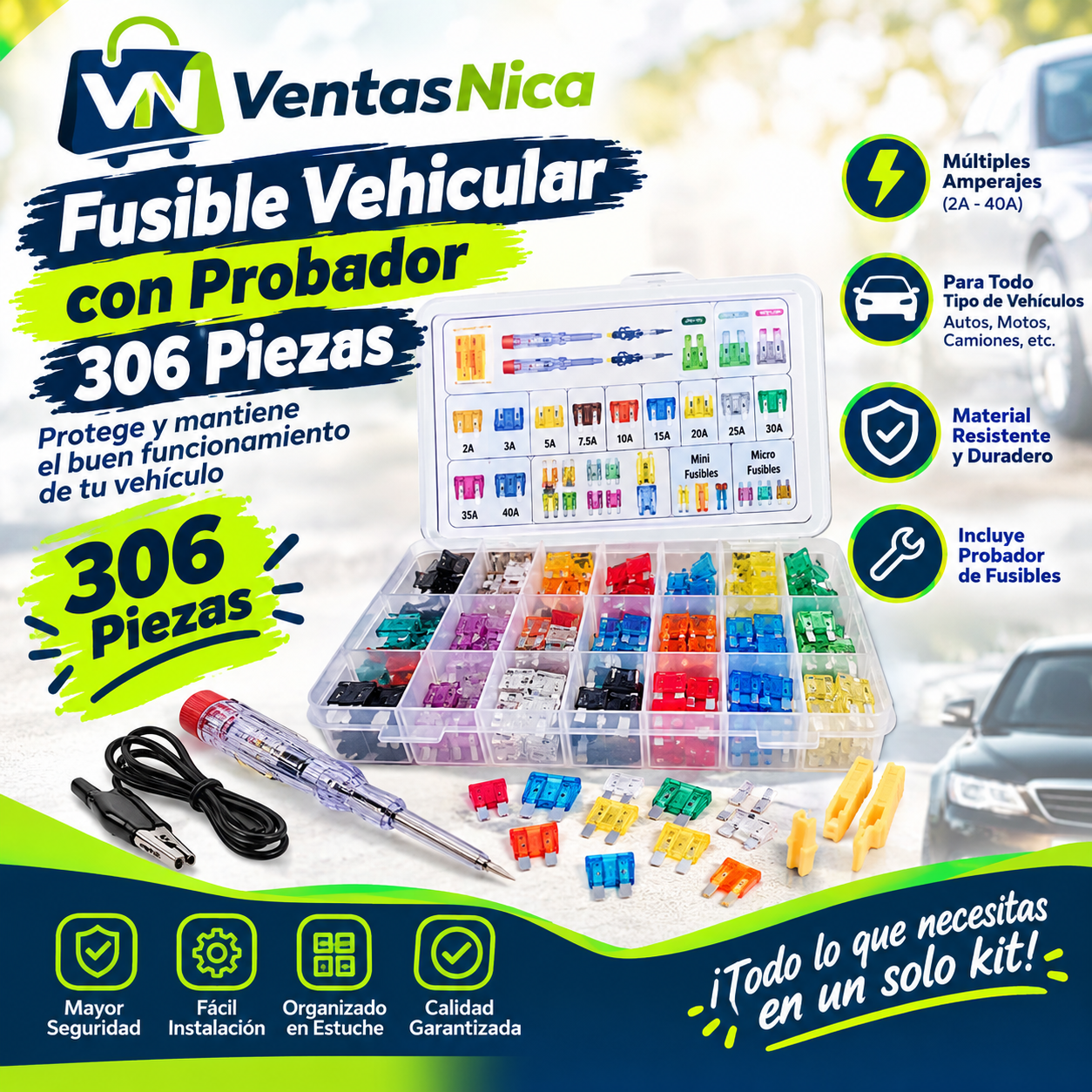Electrónico Fusible Vehicular con Probador 306 Piezas