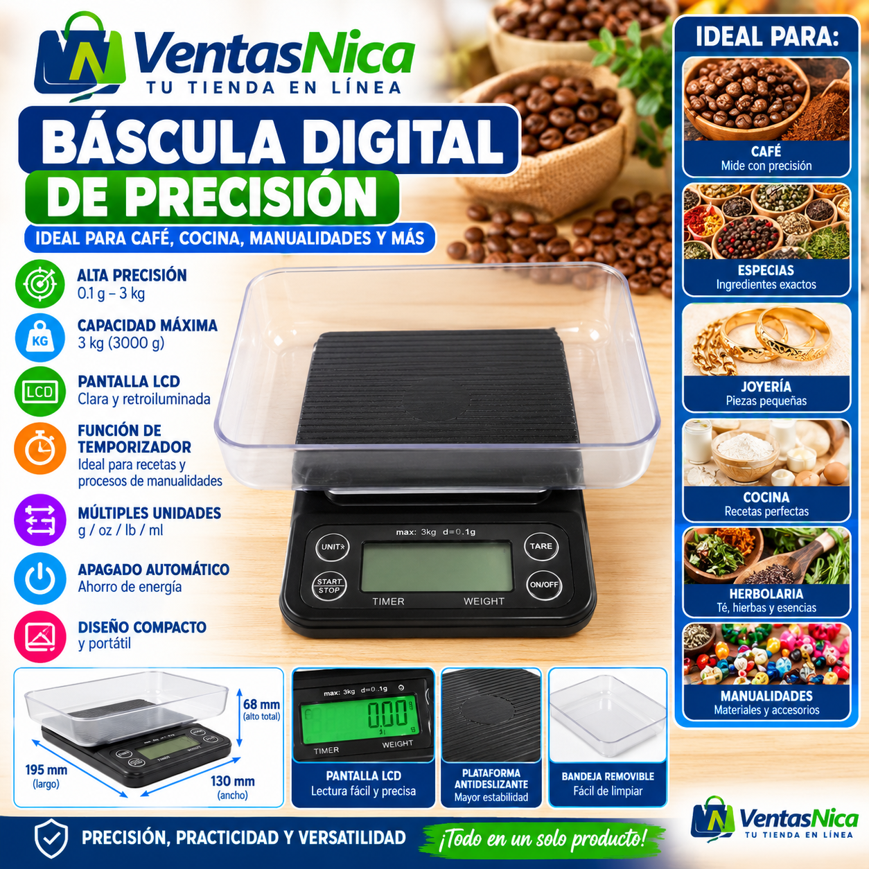 Balanza Portable Cocina CF1 03Kg/0.1g (Café Timer)