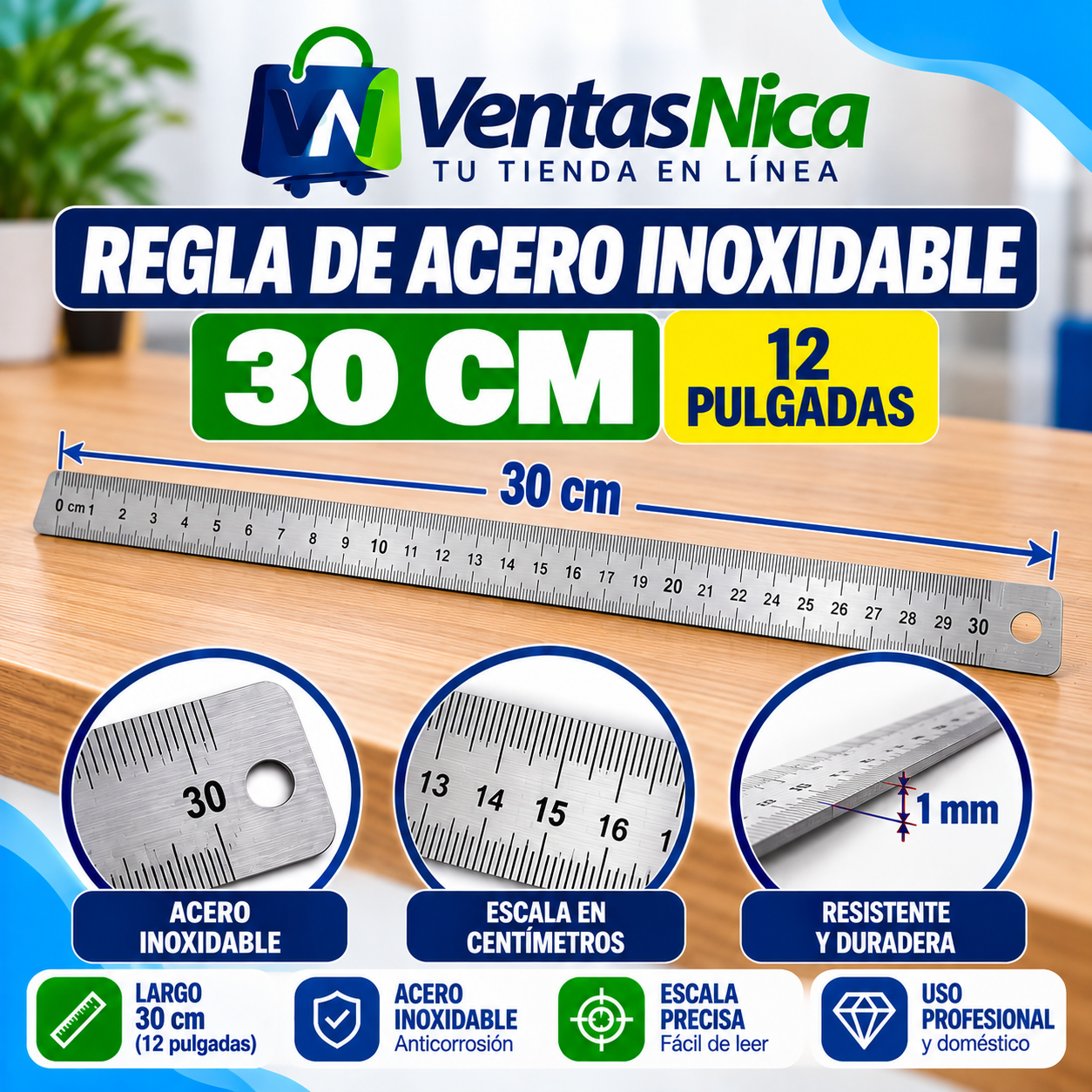 Industrial Herramienta Regla de acero inoxidable de 30cm