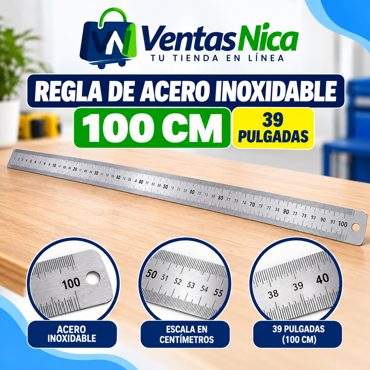 Industrial Herramienta Regla de acero inoxidable de100cm